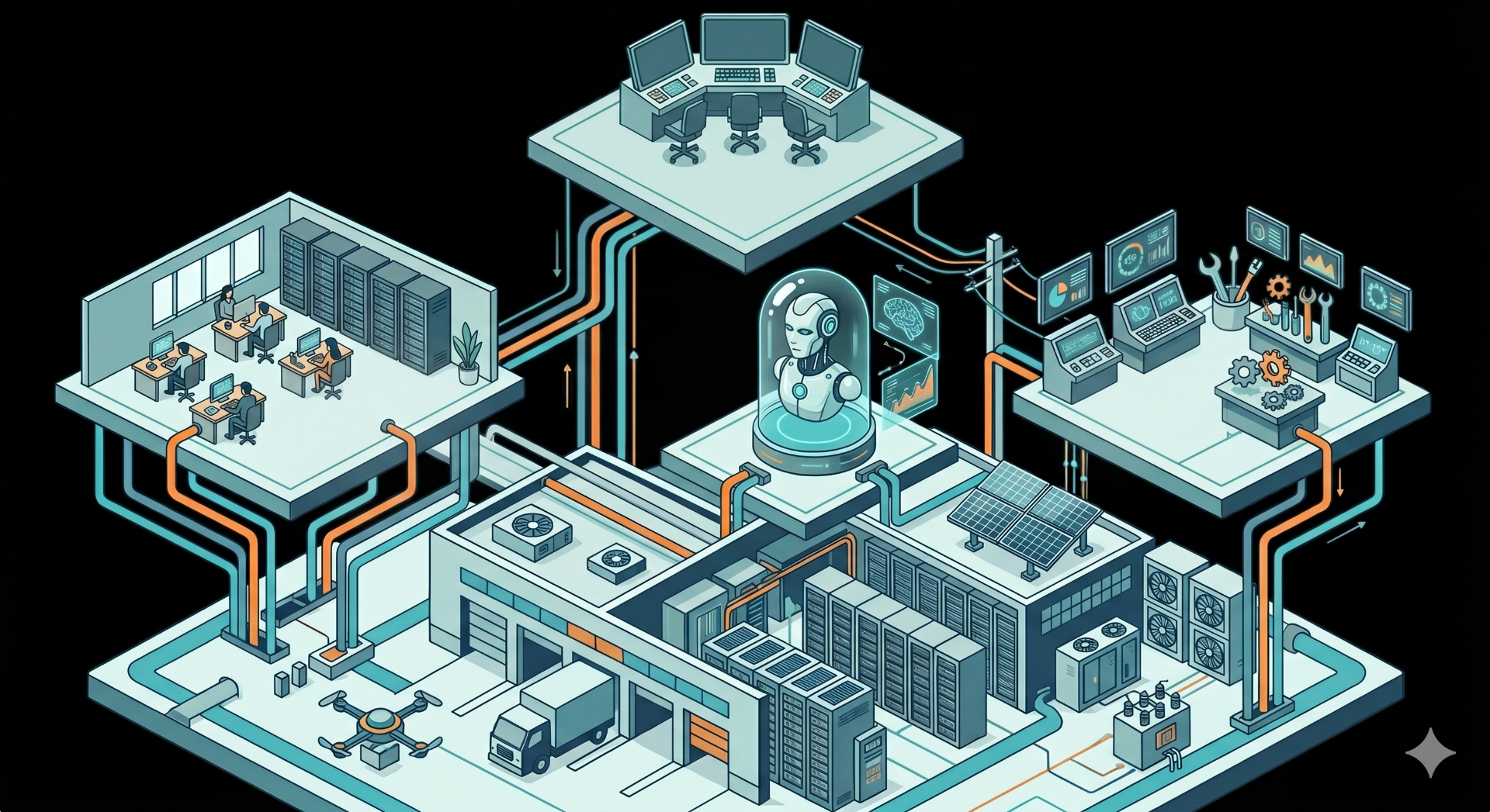 Isometrische illustratie: meerdere logistieke MKB-bedrijven verbonden via een centrale AI-orchestrator — de Collectieve IT Manager